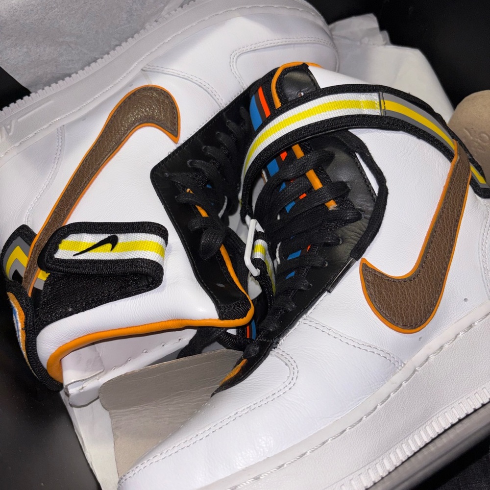 Nike Men’s White High-Top Sneakers with Brown Swoosh and Black/Yellow Accents